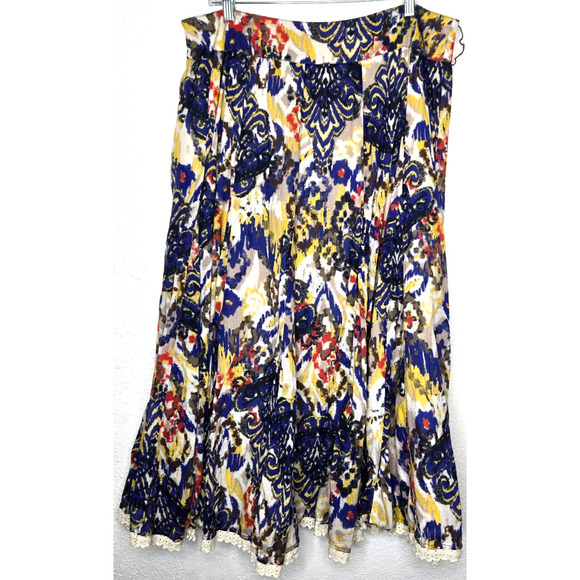 Multiples Skirt Womens 14 Blue Ikat Printed Cotton Flowy Art Crochet Abstract - Picture 6 of 12